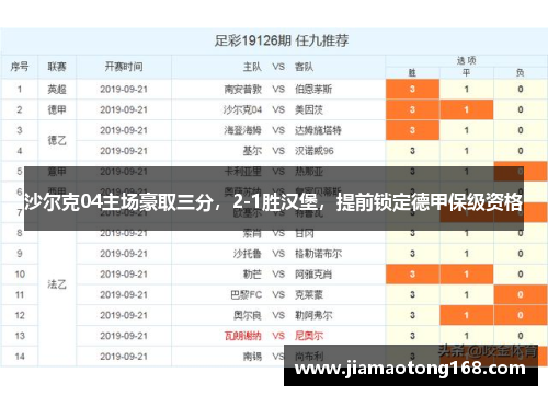沙尔克04主场豪取三分，2-1胜汉堡，提前锁定德甲保级资格